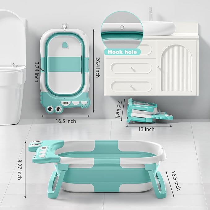 Collapsible Baby Bathtub for Newborn with Thermometer & 1 Soft Floating Cushion & Drain Hole, Foldable & Portable Travel Baby Bath Tub for Newborns to Toddlers 0-36 Months Boys, Cyan-CubbioJoy