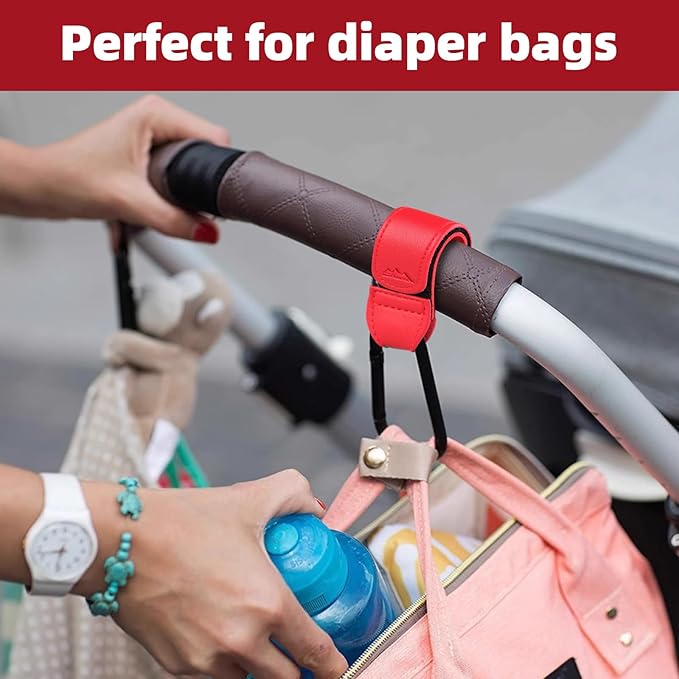 Baby Stroller Hooks Bag Hooks for Hanging Diaper Bags Multipurpose Hooks for Grocery Shopping Bags Premium Vegan Leather Pram Straps 2 Pcs (red)-CubbioJoy