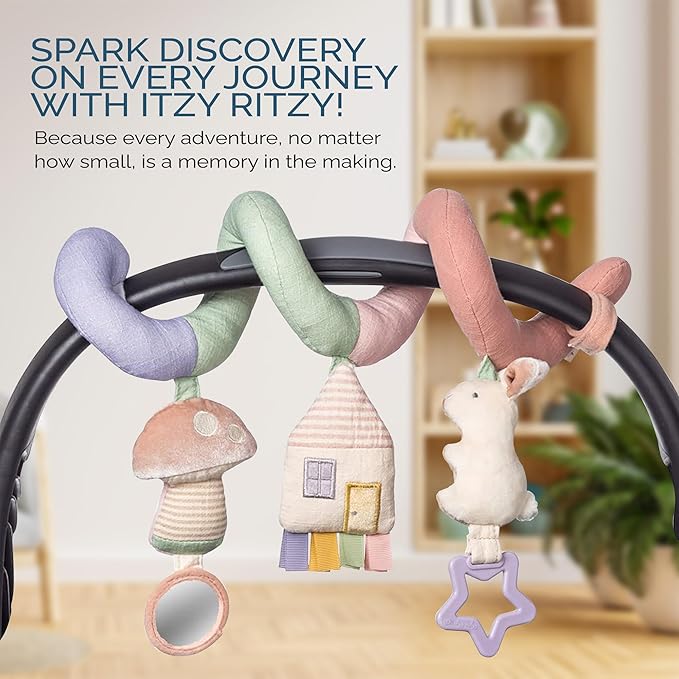 Itzy Ritzy Spiral Car Seat & Stroller Activity Toy - Stroller & Car Seat Toys for Ages 0 Months and Up - Hanging Toys Include Dangling Ring, Mirror and Textured Ribbons (Pastel Rainbow)-CubbioJoy