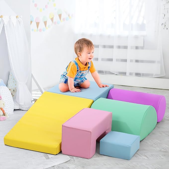 6-Piece Soft Toddlers Climbing Toys, Baby Foam Climbing Blocks for Babies Toddlers, Waterproof Foam Play Gym Climber Structures for Toddler 3, Indoor Climb and Crawl Activity Play Set (Suede Fabric)-CubbioJoy