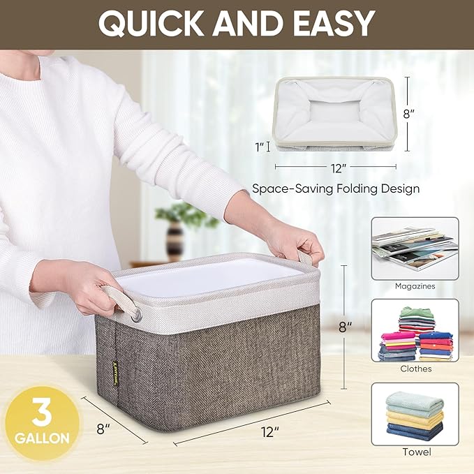 BALEINE 2 Pack Fabric Storage Bins for Shelves, Linen Storage Baskets for Organizing, Decorative Closet Bins for Clothes, Home (Brown, 12"x8"x8")-CubbioJoy