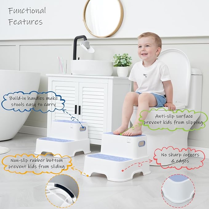 Blue Toddler Step Stool for Bathroom Sink, 2 Step Stool for Kids Kitchen Sink, Heavy Duty Stepping Stool for Toddlers Toilet Potty Training (2 Pack, White-Blue)-CubbioJoy