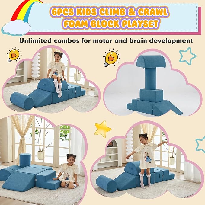 Jela Foam Blocks - Soft Play Equipment with 6 Luxury Miss Fabric Climbing Blocks for Toddlers, Babies & Kids - Lightweight Climb & Crawl Playset-CubbioJoy