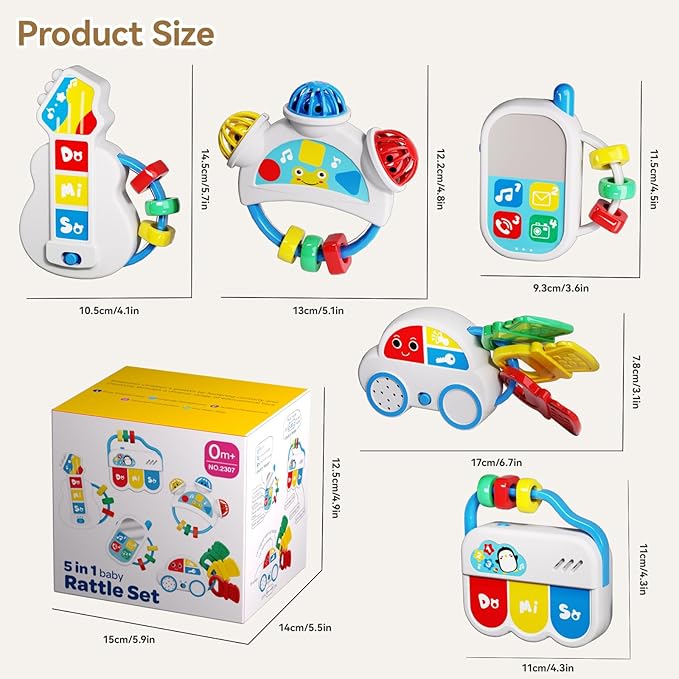 Baby Toys 0-6-12 Months: 5 in 1 Infant Musical Rtattle Teething Toys Sensory Learning Toys with Sounds, Newborn Shower Gifts for Boys & Girls-CubbioJoy
