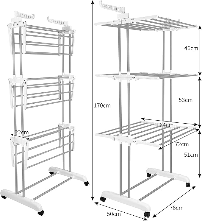 Bigzzia Clothes Drying Rack, Folding Stainless Steel Drying Rack Clothing Indoor Outdoor, Space-Saving, 4 Tier Laundry Drying Rack with Two Side Wings -Grey White-CubbioJoy