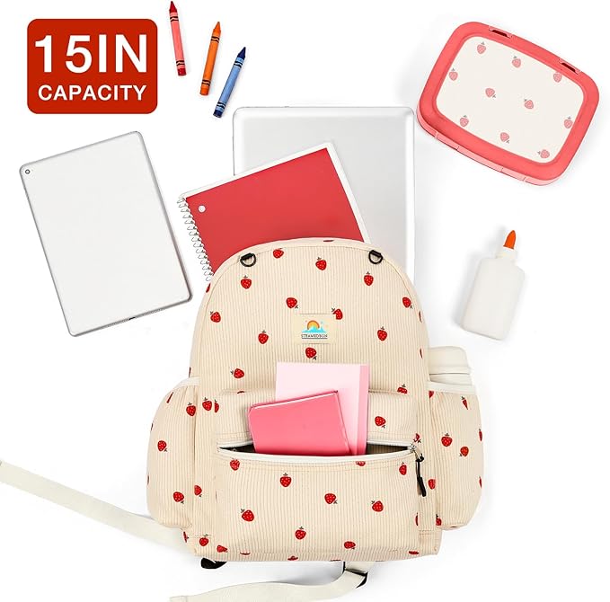 Corduroy Kids Backpack for Girls and Boys 5-8: Girls Backpack for Elementary Kindergarten - 15 inch Cute Backpacks for Kids - Strawberry-CubbioJoy