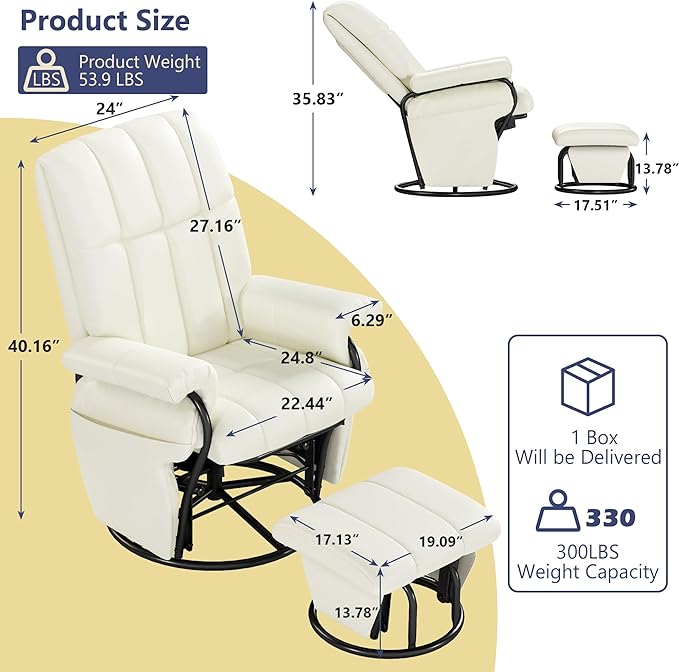 AODAILIHB Swivel Glider Recliner with Ottoman, 360 Rocking Chair with Foot Rest Recliner Chair Indoor Rocking Chair with Side Pockets Nursery Chairs for Living Room, Bedroom, Office (White)-CubbioJoy