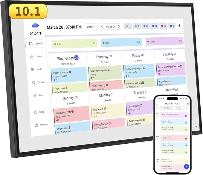 10.1 Inch Smart Digital Calendar & Chore Chart Full HD Touchscreen Display WiFi Sync Electronic Planner for Family Schedules Includes Desk Stand Streamline Home Organization Gift for mother mom women-CubbioJoy