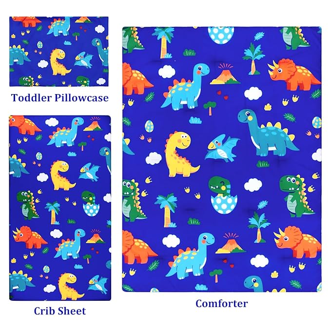 Cloele Crib Bedding Set for Boys Girls- 3 Piece Dinosaur Baby Bedding Set Soft Comforter Bed Set Includes Toddler Pillowcase Crib Sheet Baby Quilt - Nursery Bedding Set for Boys-Colorful Dinosaur-CubbioJoy