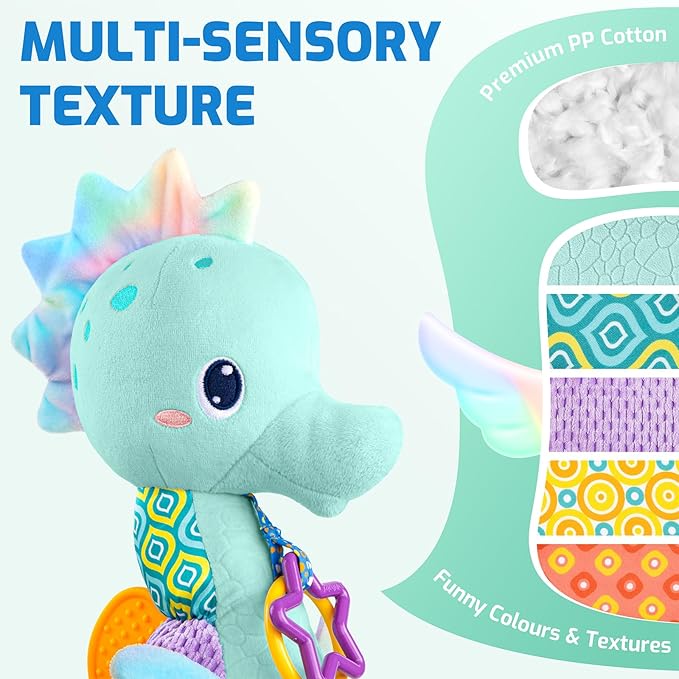 Sumobaby Infant Baby Musical Stuffed Animal Activity Soft Toys with Multi-Sensory Crinkle, Rattle and Textures, for Tummy Time Newborn 0-3-6-12 Months Boys, Girls, Seahorses, Blue-CubbioJoy