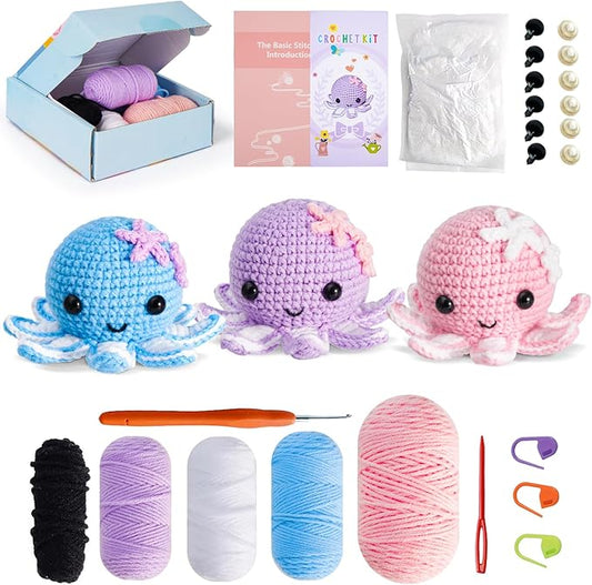 Crochet Kit for Beginners, Make 3 Amigurumi Crochet Animals with Step-by-Step Video Tutorials, Complete Starter Kit for Adults, Kids and Teens, Perfect DIY Craft Gift to Learn Crocheting-CubbioJoy