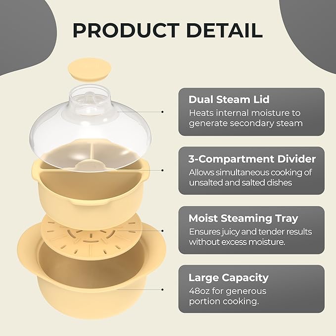 48oz Platinum Silicone 3 Compartmented Microwave Steamer Pot with Handle & Lid - Korean 100% Food-Grade Steamer Bowl, Heat-Resistant Cooker with Steam Holes, Easy Clean, Dishwasher Safe, Yellow-CubbioJoy