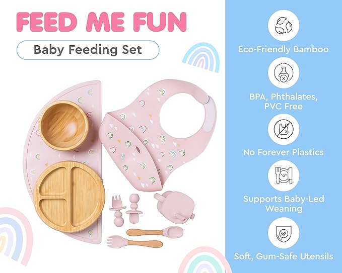 Bamboo Baby Feeding Set for Infants & Toddlers - Baby Essentials, Non-Toxic, Sustainable, Bamboo Suction Plate & Bowl, Bib, Sippy Cup w/Lid & Straw, Daily Use, Travel, Baby Shower Gifts (Pink)-CubbioJoy
