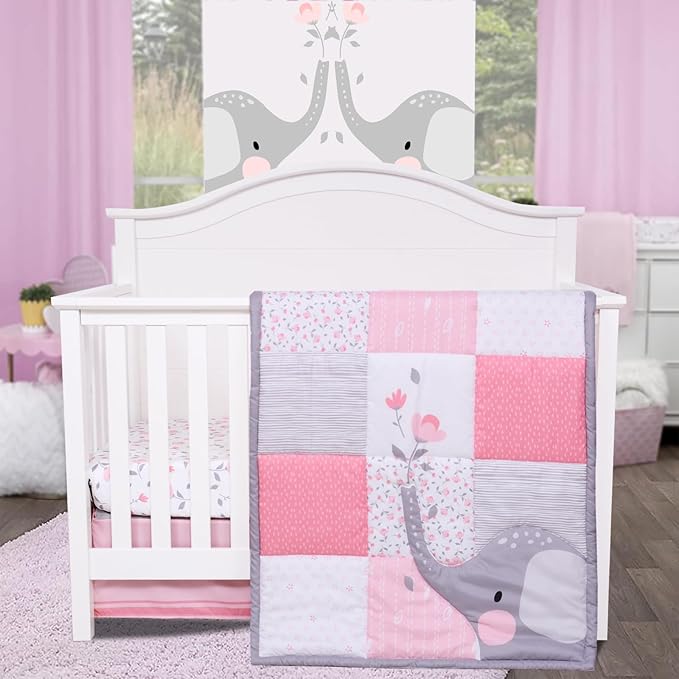 Cloele Elephant Crib Bedding Set for Girls - 3 Piece Baby Bedding Set Includes Comforter Fitted Sheet Crib Skirt - Pink Floral Standard Size Nursery Bedding Set Baby Crib Set for Girls-CubbioJoy