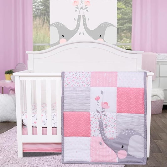 Cloele Elephant Crib Bedding Set for Girls - 3 Piece Baby Bedding Set Includes Comforter Fitted Sheet Crib Skirt - Pink Floral Standard Size Nursery Bedding Set Baby Crib Set for Girls-CubbioJoy
