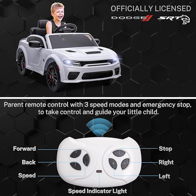 12V 7Ah Kids Electric Ride on Car, Licensed Dodge Charger SRT Hellcat, Battery Powered 4-Wheels Toy Car Electric Vehicle for Kids with Remote Control, 3 Speeds, LED Lights, Music (White)-CubbioJoy