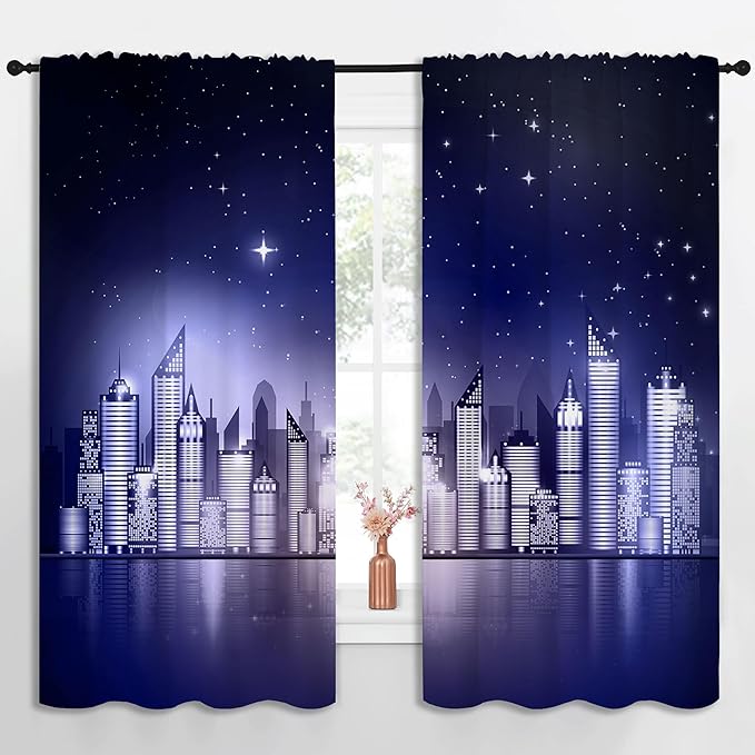 City Rod Pocket Blackout Curtains for Boy Girl Bedroom, New York Skyline Modern City Starry Sky Night View Thermal Insulated Home Window Drapes for Living Room Darkening, 55x63 inch-CubbioJoy