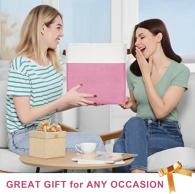 13x13 Cube Storage Bins, Collapsible Fabric Storage Box, 4 Pack Closet Baskets with Handles for Organizing, Shelf, Toys, Clothes, Home, Office, Nursery (Pink&White)-CubbioJoy