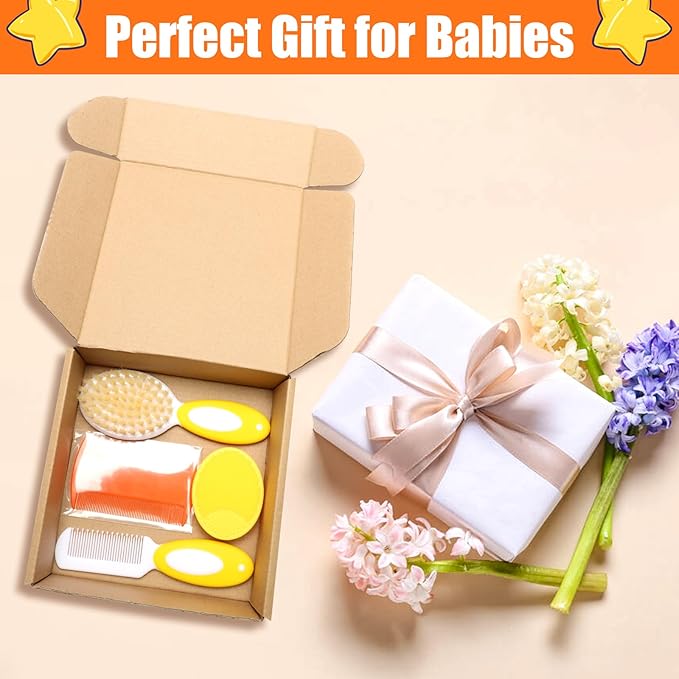 Baby Hair Brush and Comb Set, 4Pcs Baby Soft Bristles hairbrush Cradle Cap Brush Hair Comb for Newborns Toddlers Boys Girls (Yellow)-CubbioJoy