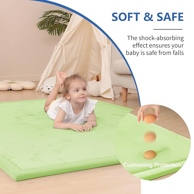 Baby Play Mat for Floor,1.3"Thick Elasti-Foam 50x50 Playpen Mat for Toddlers Infant kids,Water-Repellent Soft Velvet for Tummy Time,Non-Slip Backing for Crawling,Tatami Style(Light Green)-CubbioJoy