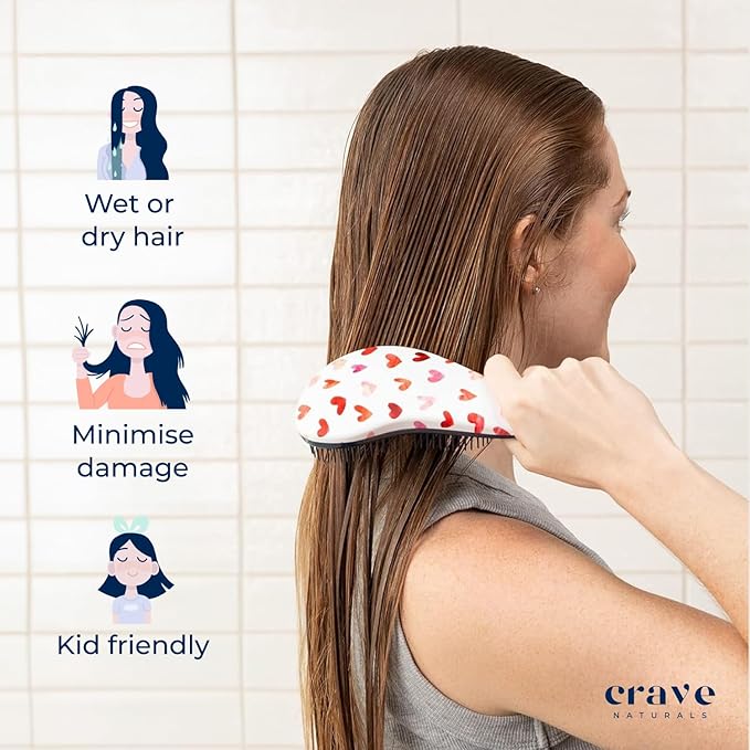 Crave Naturals Glide Thru Detangling Hair Brush for Adults and Kids - Detangler Hairbrush for Curly or Straight, Wet or Dry Hair - Gentle on Tangles Comb - Purple and Pink Hearts (Pack of 2)-CubbioJoy