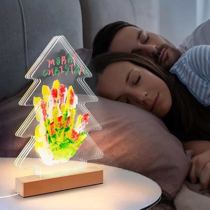 Cepairng 4-Layer Christmas Tree Family Handprint Kit with Light,New Parents Gift for Couples,Baby Shower Gifts for Mom Dad,First Birthday Gifts for Girls Keepsake Boys Personalized(Wood Color)-CubbioJoy