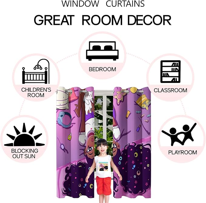 Black Girl Blackout Curtains 2 Panels 63" Inch Drapes for Kids Nursery Bedroom Purple Girls Blackout Curtains Cute Girls Themed Grommet Top Thermal Insulated Curtains for Nursery, 82" x 63"-CubbioJoy