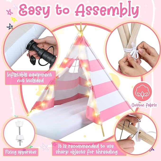 6 Pack Sleepovers Teepee Tent for Kids Bulk with Mattress Sheet Light,Natural Cotton Washable Indoor Play Tent for Birthday Slumber Party Girls Boys Pajama Movie Night Supplies(Pink, White)-CubbioJoy