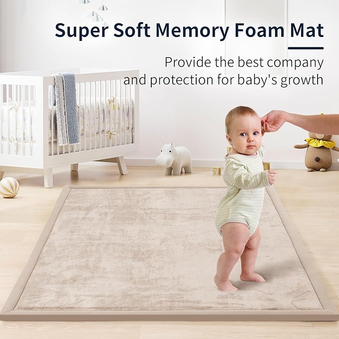 ACOMOPACK Baby Play Mat for Floor 1.3" Thick Memory Foam Play Mat 39"×59" Tummy Time Crawling with Non-Slip Bottom for Living Room,Nursery,Soft Velvet Playpen Mats for Kids,Infants（Beige）-CubbioJoy