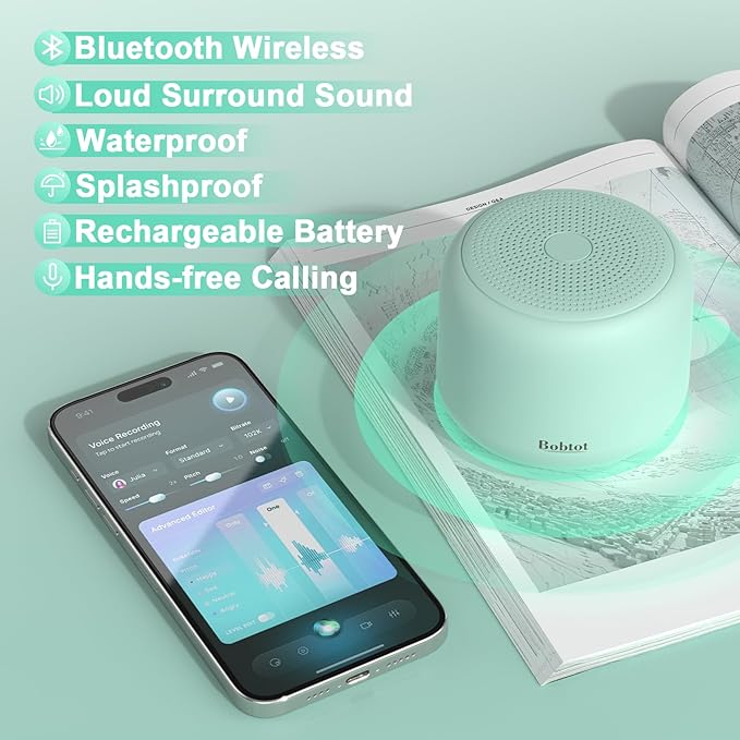 Bobtot Portable Bluetooth Speakers with Strap Easy to Carry, Wireless IPX5 Waterproof Mini Speaker with Loud Stereo Sound, 20 Hours Playtime, Rechargeable Battery, Built-in Microphone, Green-CubbioJoy