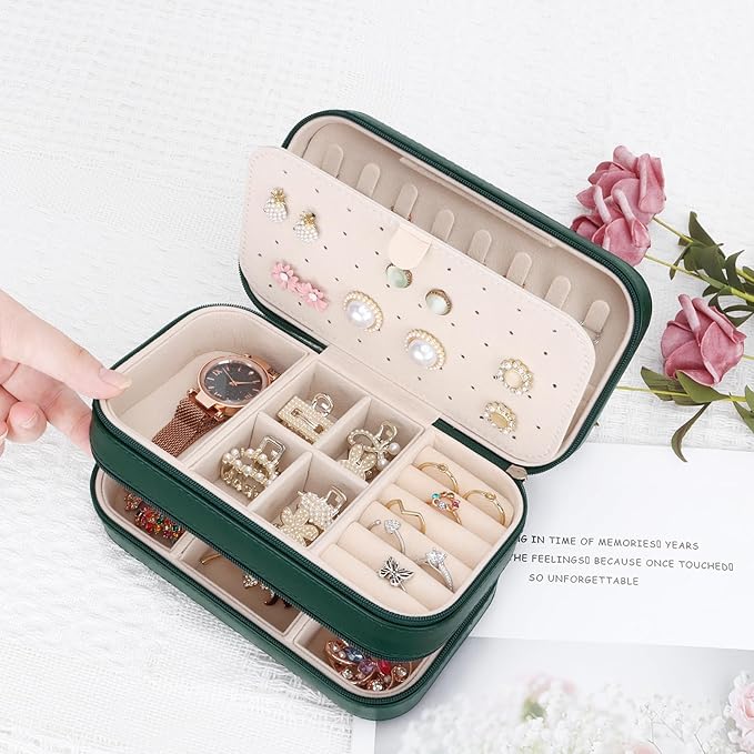 DesignSter Small Travel Jewelry Box with Double Zipper, 2 Layers PU Portable Jewelry Case for Women and Girls,Travel Jewelry Organizer for Rings, Earrings, Necklaces, Bracelets,Dark green-CubbioJoy