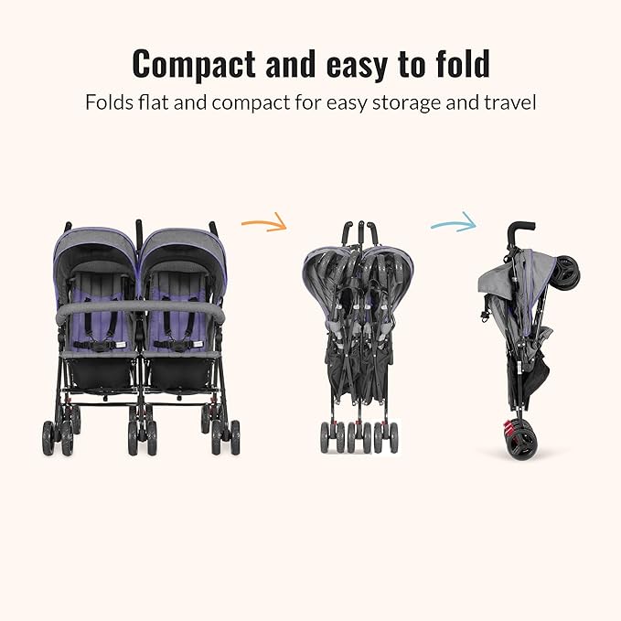 Dream On Me Volgo Twin Umbrella Stroller in Purple, Lightweight Double Stroller for Infant & Toddler, Compact Easy Fold, Large Storage Basket, Large and Adjustable Canopy-CubbioJoy