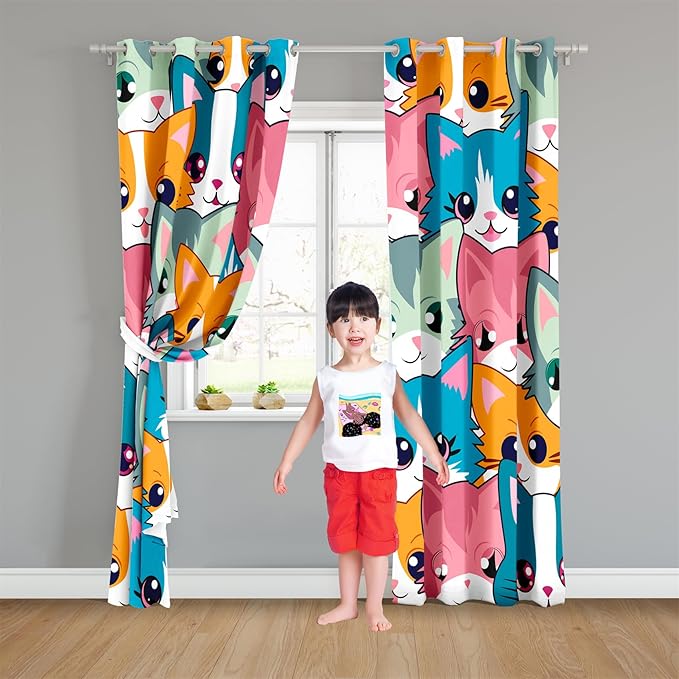 Cat Curtain Panels for Girls - 2Pcs Cat Blackout Curtains for Girls Bedroom, 84W x 84L-CubbioJoy