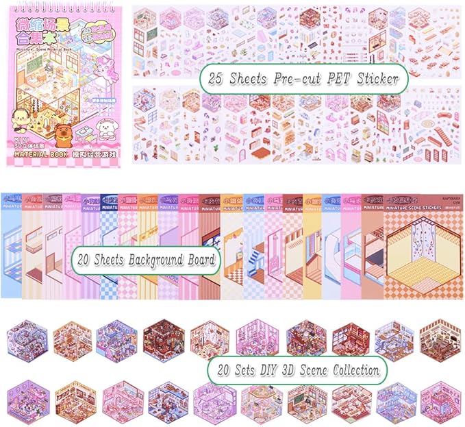 20 Sets DIY 3D Sticker Scenes for Adults with Tweezer, Kawaii 3D House Miniature Sticker Therapy, Make Your Own Mini Room Scene Collection Book for Adult Kids Relief Stress Pass The Time-CubbioJoy