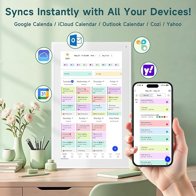21.5 Inch Smart Digital Calendar – Electronic Chore Chart & Planner with 1920x1080P IPS Touchscreen, Weekly/Monthly Family Organizer for Wall or Desk, White 2025 New Version-CubbioJoy