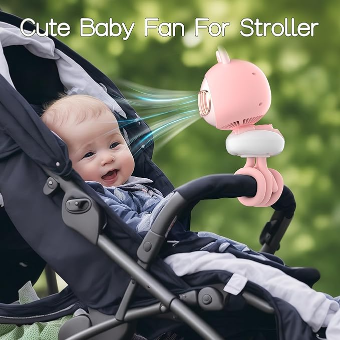 Cute Bunny Stroller Fan Clip On for Baby, Bladeless Fan 4000mAh Rechargeable Battery Operated, Flexible Tripod, 4 Speeds, Auto Oscillating, Small Cooling Fan for Kids-CubbioJoy