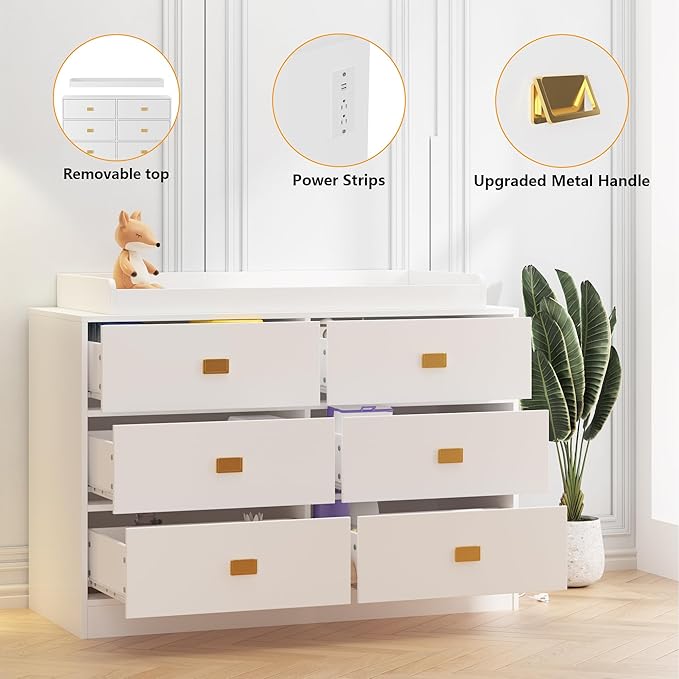 Dresser for Bedroom with 6 Drawers, Changing Table Dresser with Power Outlets, Soft Changing Pad & Removable Top, Baby Dresser with Changing Table Top for Nursery, White-CubbioJoy