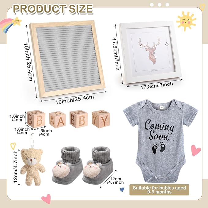 9 Pcs Pregnancy Announcement Set Pregnancy Reveal Ideas Felt Letter Board Baby Bodysuit Booties Photo Frame Bear Plush Wood Blocks for Coming Soon Baby Announcement(Gray)-CubbioJoy