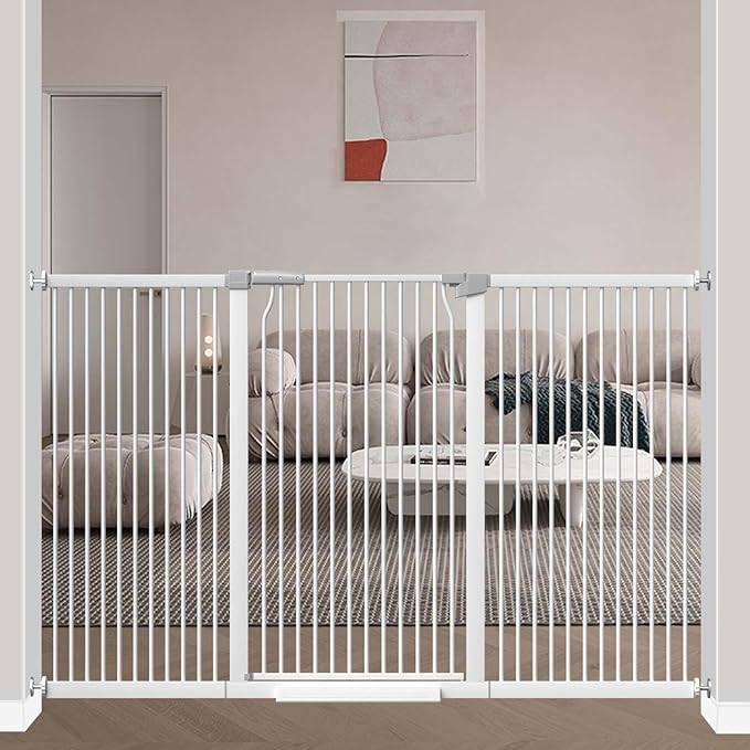 40.5" Extra Tall Baby Gate, 72.3"-74.1" Extra Wide Large Dog Pet Gate Indoor, Long Safety Child Gate for Stairs No Drill, Metal Auto Close Doggie Pet Gate for Doorway Stairs, White-CubbioJoy