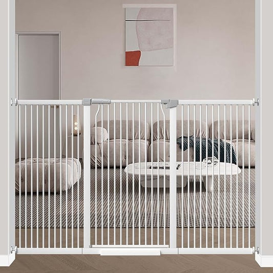 40.5" Extra Tall Baby Gate, 72.3"-74.1" Extra Wide Large Dog Pet Gate Indoor, Long Safety Child Gate for Stairs No Drill, Metal Auto Close Doggie Pet Gate for Doorway Stairs, White-CubbioJoy