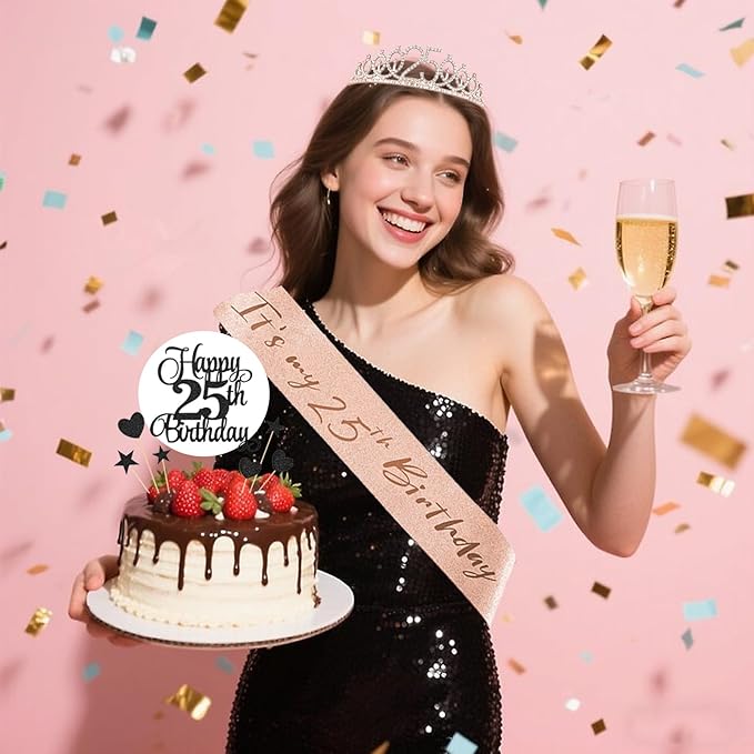 25th Birthday Decorations for Women - 56pcs Rose Gold Happy 25th Banner, Rhinestone Crown & Sash, Cake Topper, 40 Balloons, 3D Butterflies & 4 Balloon Stands (25)-CubbioJoy