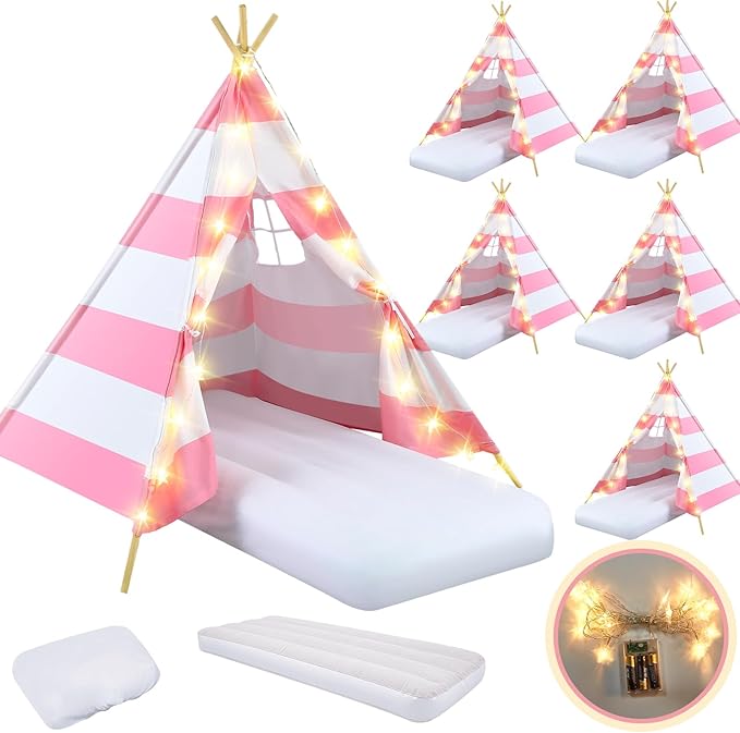 6 Pack Sleepovers Teepee Tent for Kids Bulk with Mattress Sheet Light,Natural Cotton Washable Indoor Play Tent for Birthday Slumber Party Girls Boys Pajama Movie Night Supplies(Pink, White)-CubbioJoy