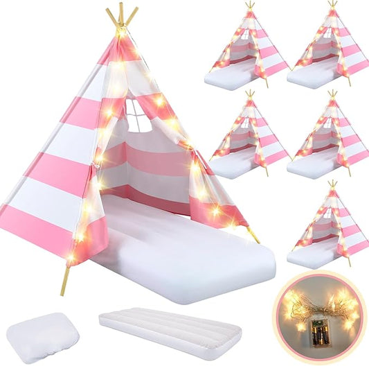6 Pack Sleepovers Teepee Tent for Kids Bulk with Mattress Sheet Light,Natural Cotton Washable Indoor Play Tent for Birthday Slumber Party Girls Boys Pajama Movie Night Supplies(Pink, White)-CubbioJoy