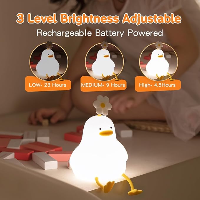 Cute Duck Night Light for Baby, Kids, Toddler, Ambient Nursery Nightlight, Soothing Lamp 3 Level Dimmable, Sleeping Accompanion for Bedroom Bedside, Rechargeable Battery, 30 Min Timer Off-CubbioJoy