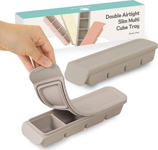 4 Section-1.7oz Gray 100% Food Grade Silicone Ice Cube Tray Food Container with Airtight Locking Lid, Fruit Vegetable Purees, Breastmilk Storage for Baby & Toddler Food | BPA Free Korea Made-CubbioJoy