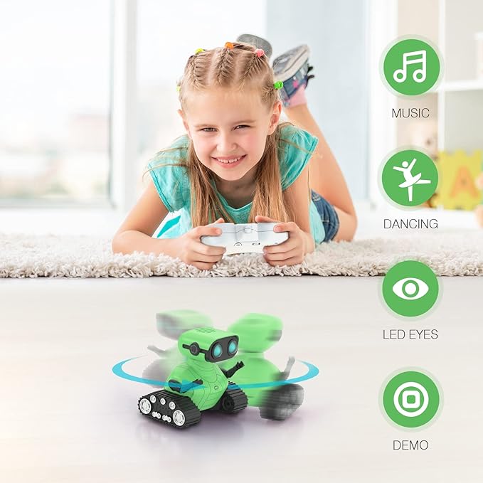 ALLCELE Robot Toys, Rechargeable RC Robot for Boys and Girls, Remote Control Toy with Music and LED Eyes, Gift for Children Age 3 Years and Up - Green-CubbioJoy
