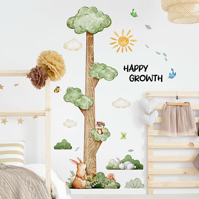 3D Cartoon Height Growth Chart for Kids Wall Stickers Removable DIY Jungle Animals and Plants Height Sticker Peel and Stick Sun White Clouds Wall Art Decor for Nursery Kids Bedroom Living Room-CubbioJoy