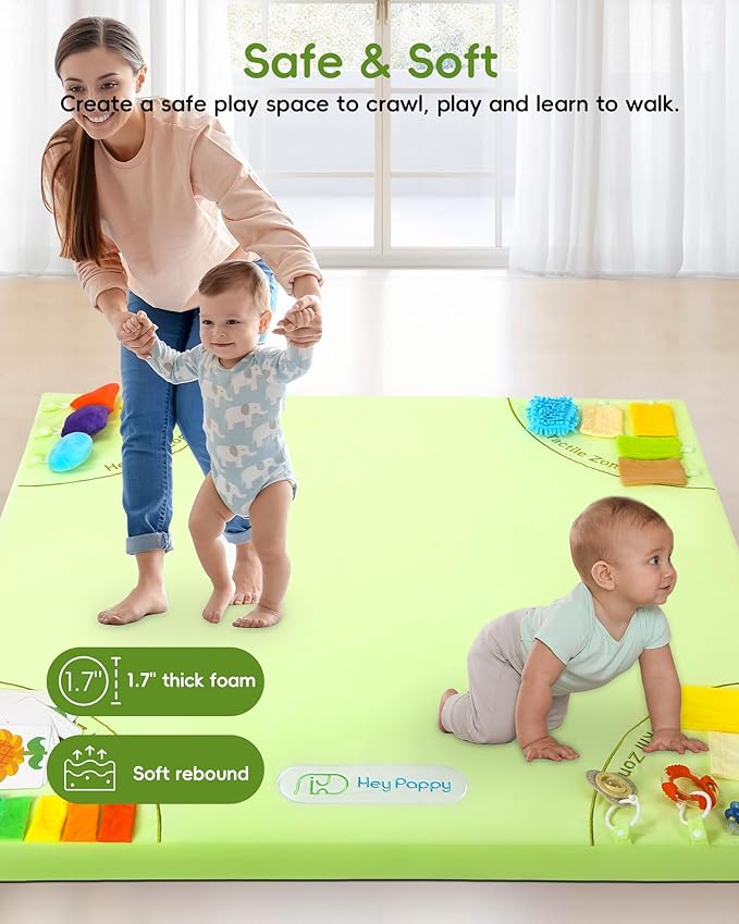 Baby Play Mat, 50''x50'' Playpen Mats with 4 Sensory Development Zones for Motor Skills, Unique Crawling Mats with Non-Slip Cushioned That Fits Nicely into Any Playroom, Green-CubbioJoy