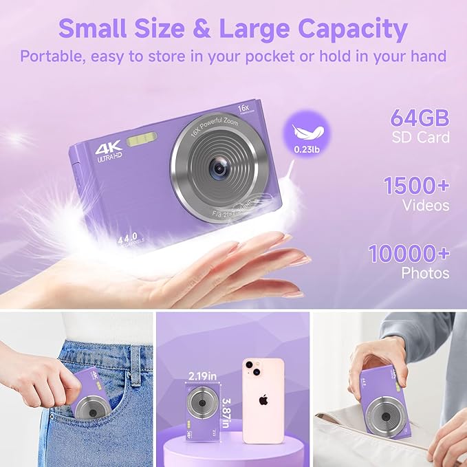 Digital Camera for Teens, FHD 4K 44MP Digital Camera Purple with 64GB SD Card 16X Digital Zoom, Cameras for Photography Compact Point and Shoot Camera for Teen Boys Girls Kids Camera Digital Purple-CubbioJoy