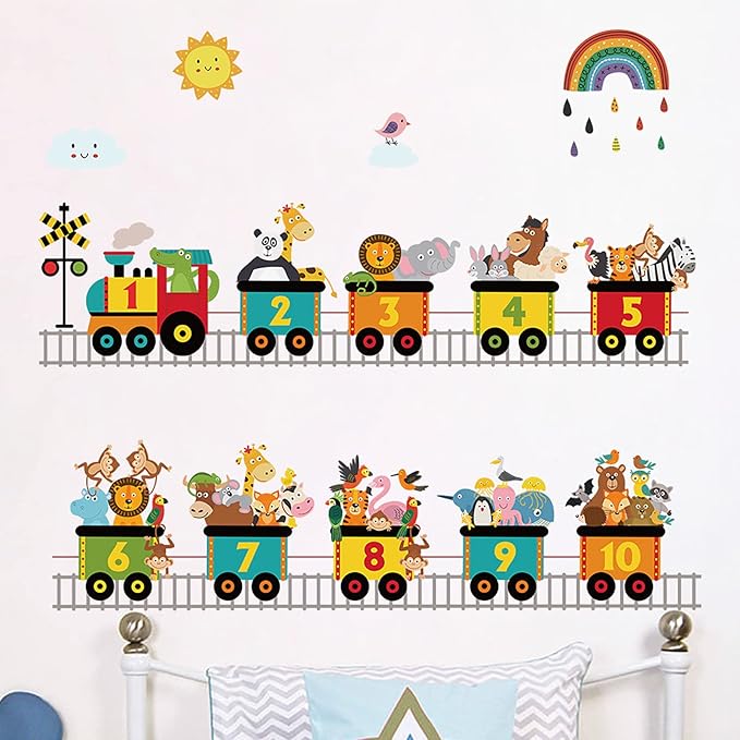 Alphabet Train Color Learning Educational Wall Decals Peel and Stick Cute Animal Wall Stickers for Educational Classroom Kids Playroom Bedroom Decorations (Train numbers02)-CubbioJoy